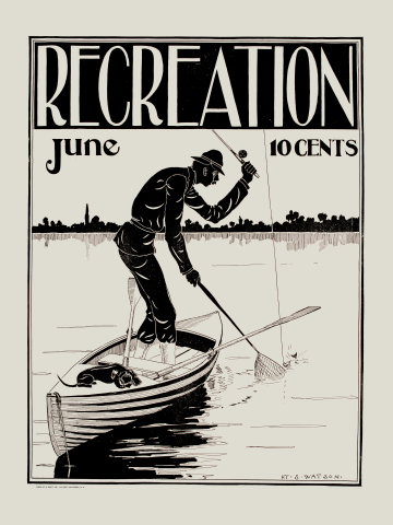 Sportsman and Dachshund, Fly Fishing, Vintage Sporting Art, Recreation Magazine, 1896