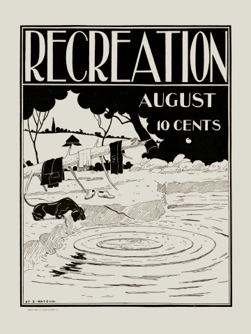 Sportsman and Dachshund, Swimming Hole, Vintage Sporting Art, Recreation Magazine, 1896